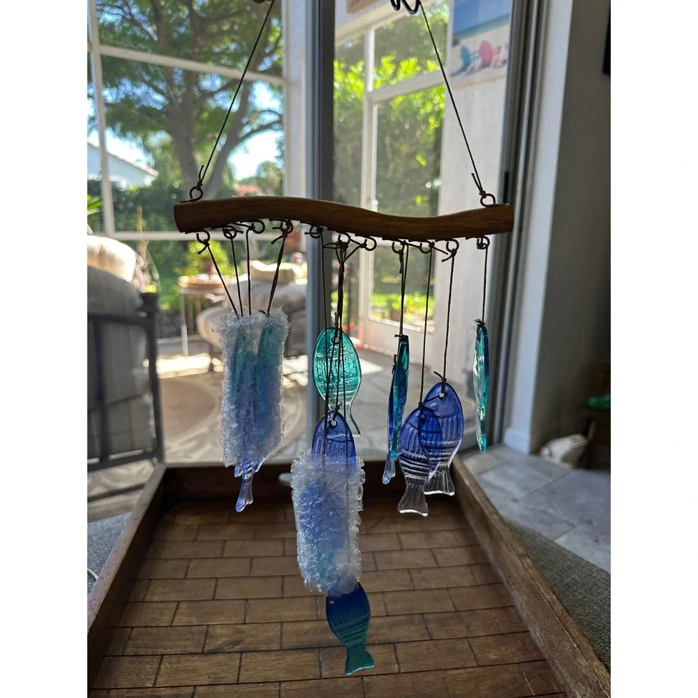 Artisan Glass Fish Wind Chime Coastal Blue Teal Hanging Mobile Driftwood Style